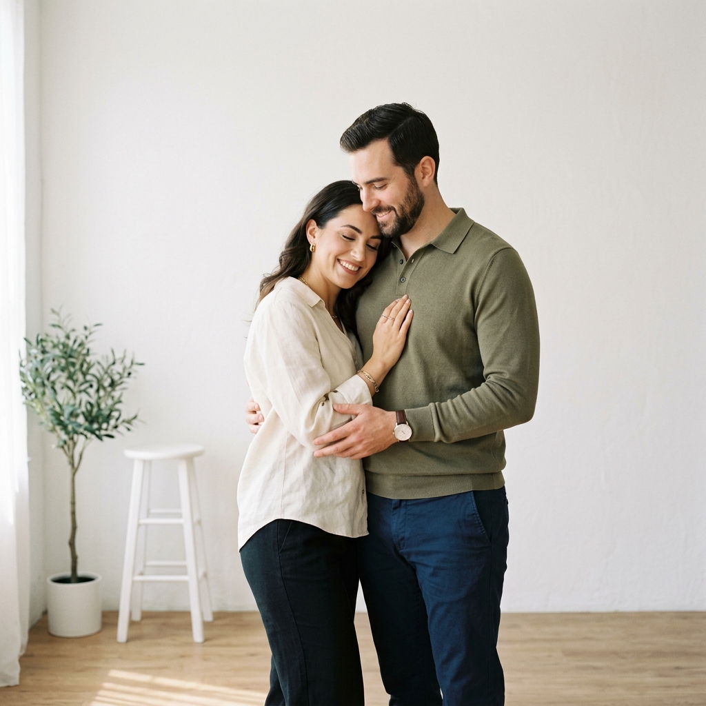 Sesi foto couple dengan latar putih minimalis